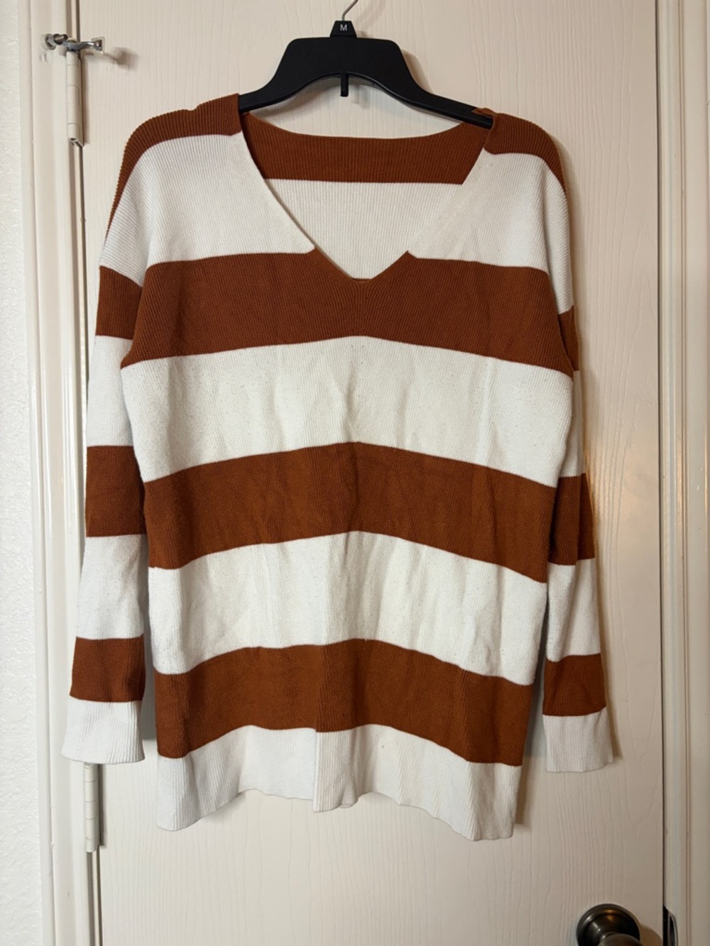 Striped V-Neck Women’s Sweater in White and Brown